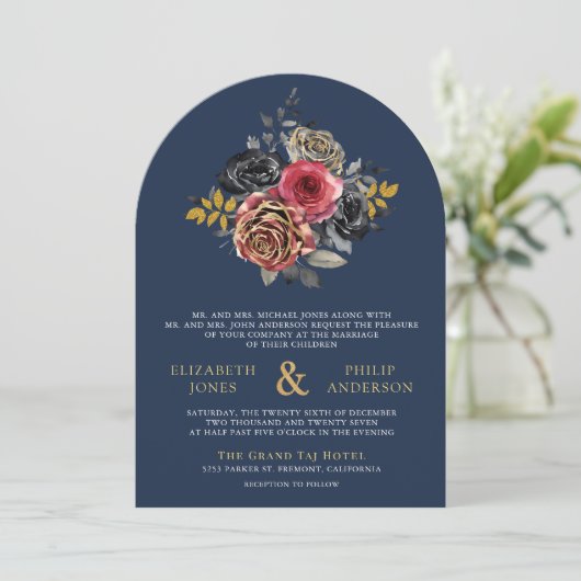 Bourgogne Bloemen Rozen QR Code Foto Navy Wedding Kaart (Staand voorkant)