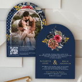 Bourgogne Bloemen Rozen QR Code Foto Navy Wedding Kaart