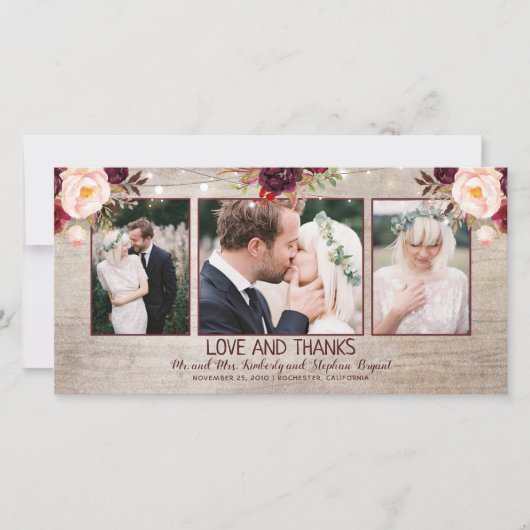 Bourgogne Bloemen Rustiek Land Bruiloft Bedankkaart (Voorkant)