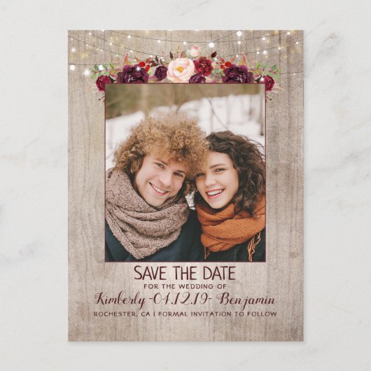Bourgogne Bloemen Rustieke Foto Save the Date Aankondigingskaart (Voorkant)