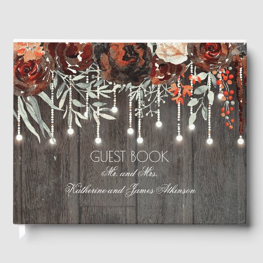 Bourgogne Bloemen Rustieke String Lights Hout Gastenboek (Voorkant)