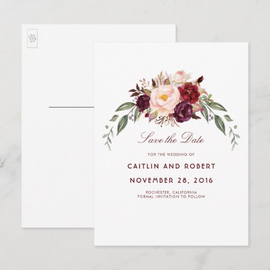 Bourgogne Bloemen Save the Date Aankondigingskaart (Voorkant / Achterkant)