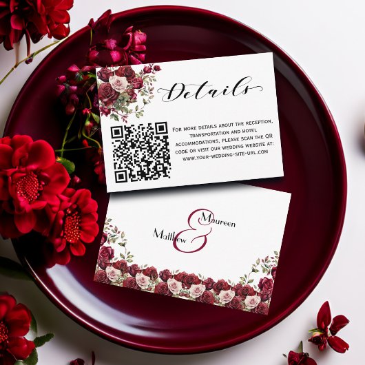 Bourgogne Bloemen Script QR Code Trouwdetails Informatiekaartje