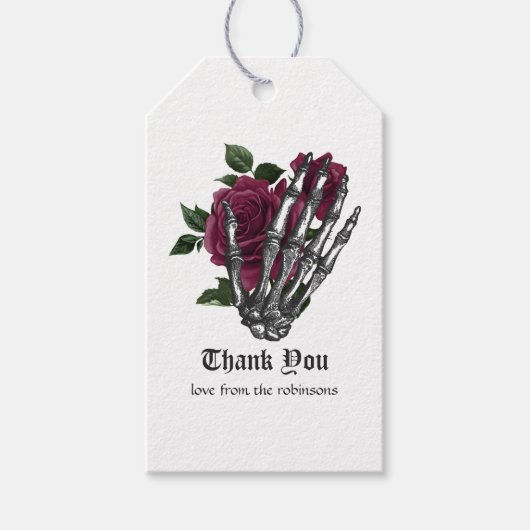 Bourgogne Bloemen Skelet Hand Gotische Bruiloft Cadeaulabel (Voorkant)