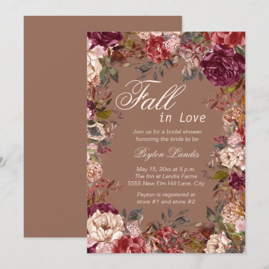 Bourgogne Bloemen Taupe Herfst in Liefde Vrijgezel Kaart (Voorkant / Achterkant)