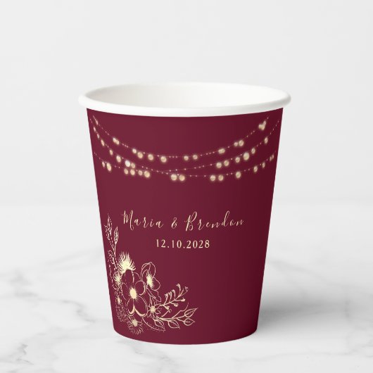 Bourgogne Bloemen Trouwpapier Cups Papieren Bekers (Voorkant)