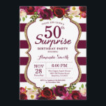 Bourgogne Bloemen Verrassing 50e Verjaardag Party Kaart<br><div class="desc">Bourgogne Floral Surprise 50ste verjaardag Party Uitnodiging voor vrouwen. Bourgondië Rood en Goud Verjaardagsfeest Uitnodigen. Gouden Glitter. Bourgogne Waterverf Bloemenbloem. Bourgondië en witte strepen. 13e 15e 16e 18e 20e 21e 30e 40e 50e 60e 70e 80e 90e 100e, Alle leeftijden. Printbaar digitaal. Voor verdere aanpassing klikt u op de knop "Aanpassen"...</div>
