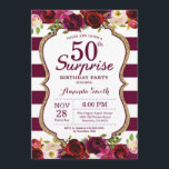 Bourgogne Bloemen Verrassing 50e Verjaardag Party Kaart<br><div class="desc">Bourgogne Floral Surprise 50ste verjaardag Party Uitnodiging voor vrouwen. Bourgondië Rood en Goud Verjaardagsfeest Uitnodigen. Gouden Glitter. Bourgogne Waterverf Bloemenbloem. Bourgondië en witte strepen. 13e 15e 16e 18e 20e 21e 30e 40e 50e 60e 70e 80e 90e 100e, Alle leeftijden. Printbaar digitaal. Voor verdere aanpassing klikt u op de knop "Aanpassen"...</div>