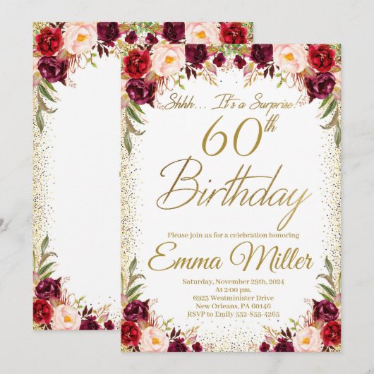 Bourgogne Bloemen Verrassing 60e Verjaardag Kaart (Voorkant / Achterkant)