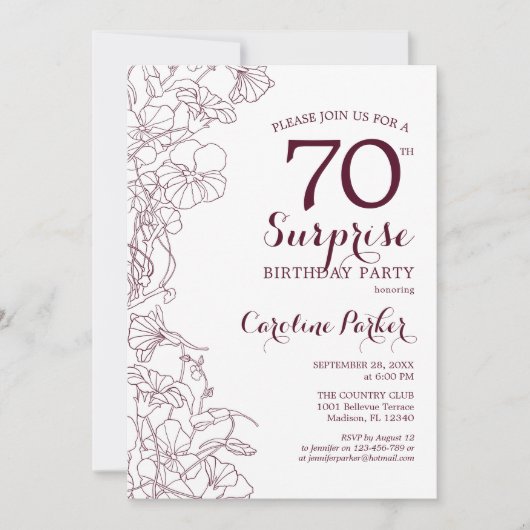 Bourgogne Bloemen Verrassing 70e Verjaardag Party Kaart (Voorkant)