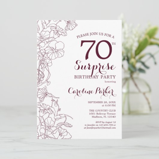 Bourgogne Bloemen Verrassing 70e Verjaardag Party Kaart (Staand voorkant)