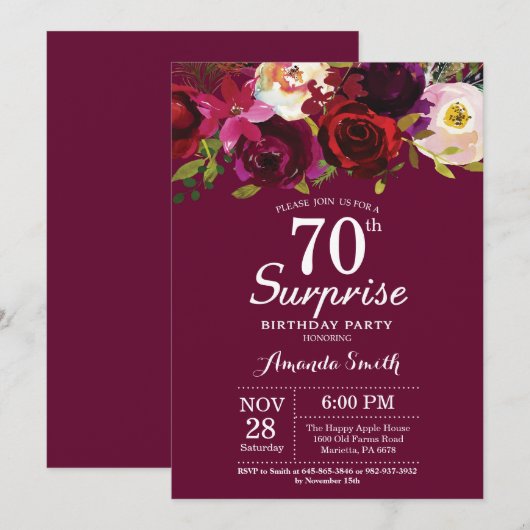 Bourgogne Bloemen Verrassing 70e Verjaardag Party Kaart (Voorkant / Achterkant)