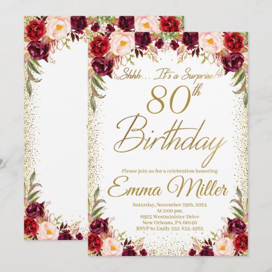 Bourgogne Bloemen Verrassing 80e Verjaardag Kaart (Voorkant / Achterkant)