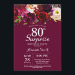 Bourgogne Bloemen Verrassing 80e Verjaardag Party Kaart<br><div class="desc">Bourgondische Floral Surprise 80ste verjaardag Party Uitnodiging voor vrouwen. Bourgondië Rode verjaardagsfeestje uitnodigen. Bourgogne Waterverf Bloemenbloem. 13e 15e 16e 18e 20e 21e 30e 40e 50e 60e 70e 80e 90e 100e. Voor verdere aanpassing klikt u op de knop "Aanpassen" en gebruikt u onze ontwerptool om deze sjabloon te wijzigen.</div>
