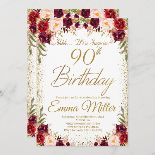 Bourgogne Bloemen Verrassing 90e Verjaardag Kaart (Voorkant / Achterkant)