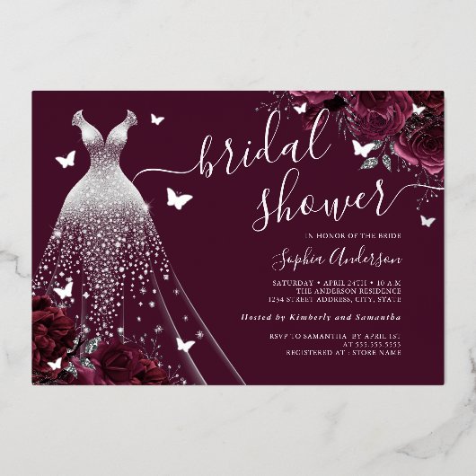 Bourgogne Bloemen Vlinder Jurk Vrijgezellenfeest Folie Uitnodiging (Voorkant)