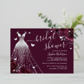 Bourgogne Bloemen Vlinder Jurk Vrijgezellenfeest Folie Uitnodiging (Staand Voorkant)