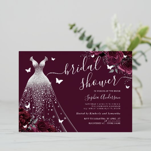 Bourgogne Bloemen Vlinder Jurk Vrijgezellenfeest Folie Uitnodiging (Staand Voorkant)