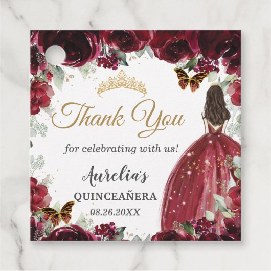 Bourgogne Bloemen Vlinders Prinses Goud Spaans Bedankjes Labels (Voorkant)