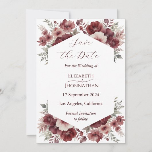 Bourgogne Bloemen Waterverf Bruiloft Save the Date (Voorkant)