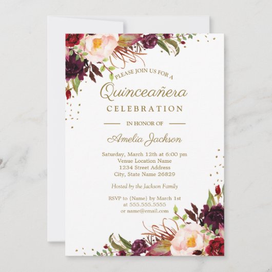 Bourgogne Bloemen Waterverf Goud Quinceanera Invit Kaart (Voorkant)
