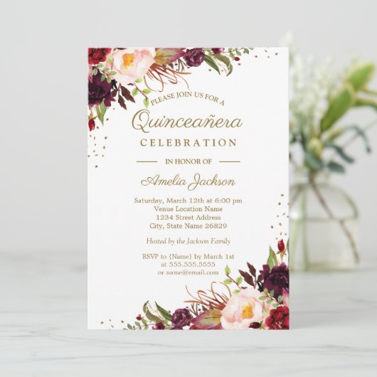 Bourgogne Bloemen Waterverf Goud Quinceanera Invit Kaart (Staand voorkant)