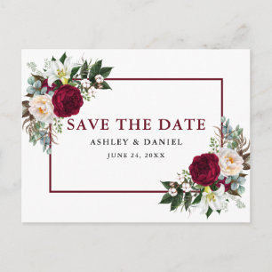 Bourgogne Bloemen Waterverf Groen Save the Date Aankondigingskaart