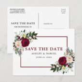 Bourgogne Bloemen Waterverf Groen Save the Date Aankondigingskaart (Voorkant / Achterkant)
