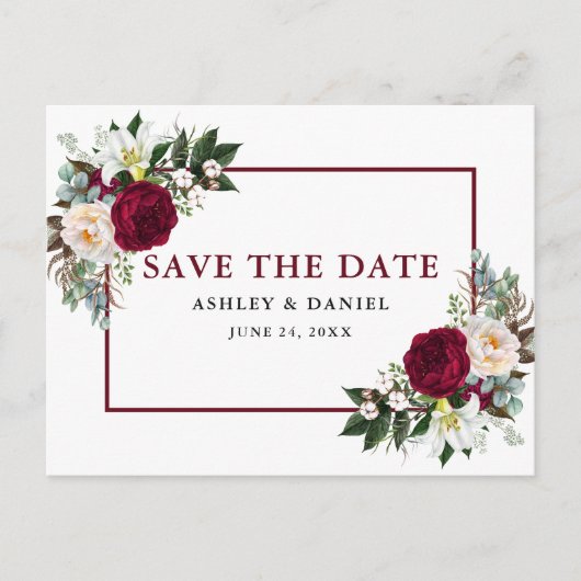 Bourgogne Bloemen Waterverf Groen Save the Date Aankondigingskaart (Voorkant)