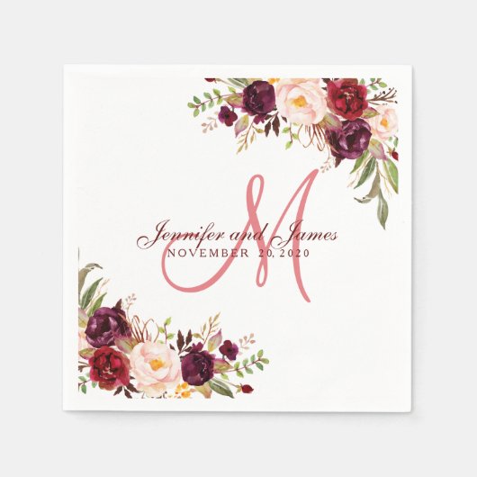 Bourgogne Bloemen Waterverf Koraal Monogram Huweli Servet (Voorkant)