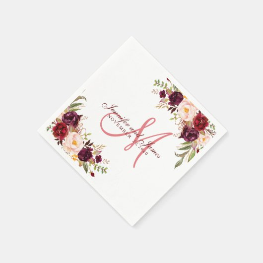 Bourgogne Bloemen Waterverf Koraal Monogram Huweli Servet (Hoek)