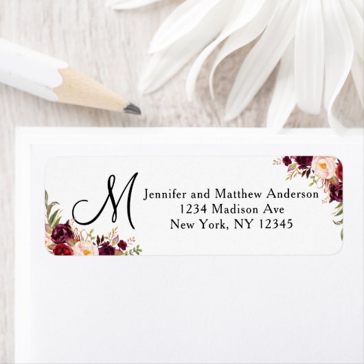Bourgogne Bloemen Waterverf Script Monogram Adres Etiket (Insitu)