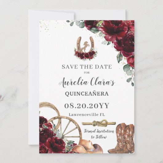Bourgogne Bloemen Wild West Charro Quinceañera Save The Date (Voorkant)