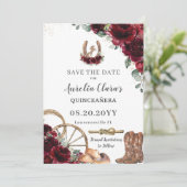 Bourgogne Bloemen Wild West Charro Quinceañera Save The Date (Staand voorkant)