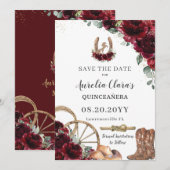 Bourgogne Bloemen Wild West Charro Quinceañera Save The Date (Voorkant / Achterkant)