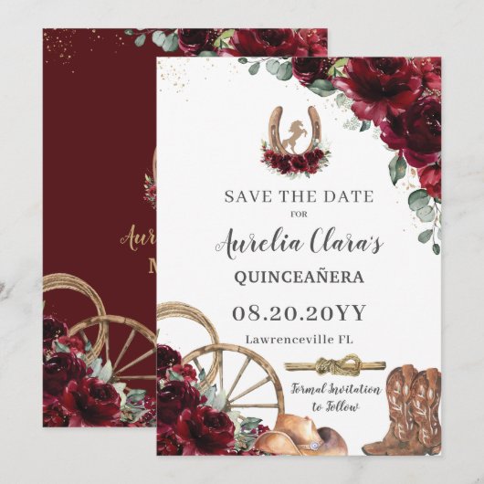 Bourgogne Bloemen Wild West Charro Quinceañera Save The Date (Voorkant / Achterkant)