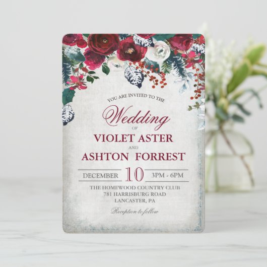 Bourgogne Bloemen Winter bruiloft uitnodiging (Staand voorkant)