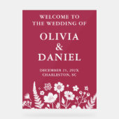 Bourgogne Bloemen Winter Huwelijk Welkom Acryl Bord (Voorkant)