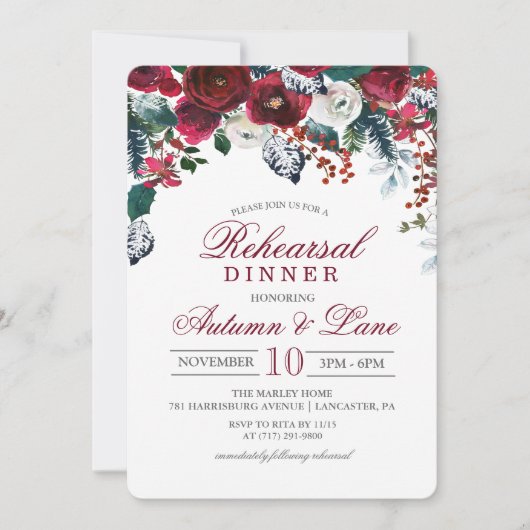 Bourgogne Bloemen Winter repetitie diner uitnodigi Kaart (Voorkant)