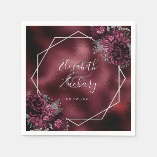 Bourgogne Bloemen Zilver Geometrische bruiloft Servet (Voorkant)