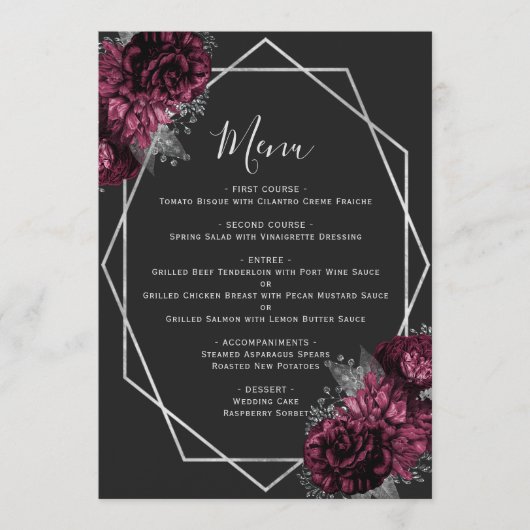 Bourgogne Bloemen Zilver Geometrische Zwarte Huwel Menu (Voorkant)