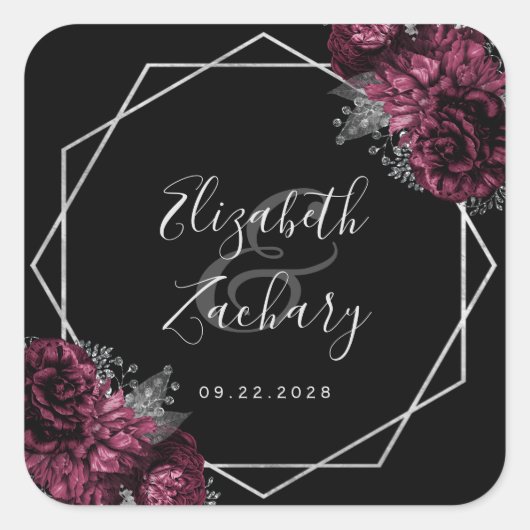Bourgogne Bloemen Zilver Geometrische Zwarte Huwel Vierkante Sticker (Voorkant)