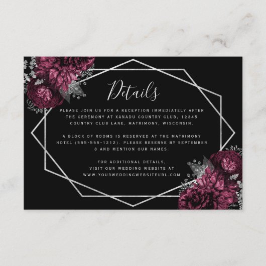 Bourgogne Bloemen Zilver Lijst Zwart Bruiloft Deta Informatiekaartje (Voorkant)
