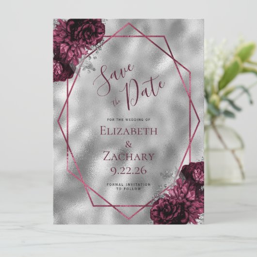 Bourgogne Bloemen Zilver Polygonal Save the Date Kaart (Staand voorkant)