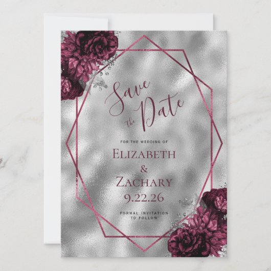 Bourgogne Bloemen Zilver Polygonal Save the Date Kaart (Voorkant)