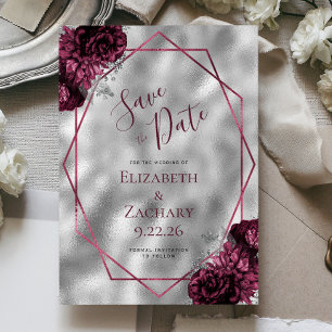 Bourgogne Bloemen Zilver Polygonal Save the Date Kaart