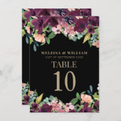 Bourgogne Bloemen Zwart Bruiloft Tafel Nummers Menu (Voorkant / Achterkant)