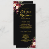 Bourgogne Bloemen Zwart Goud Aangepaste Bruiloft P Programmakaart (Voorkant / Achterkant)