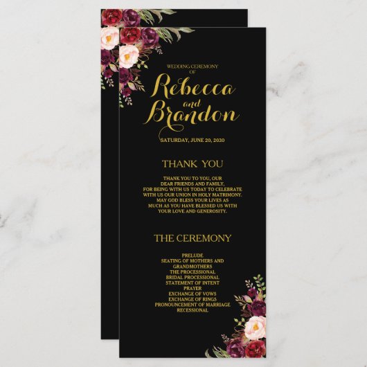 Bourgogne Bloemen Zwart Goud Aangepaste Bruiloft P Programmakaart (Voorkant / Achterkant)