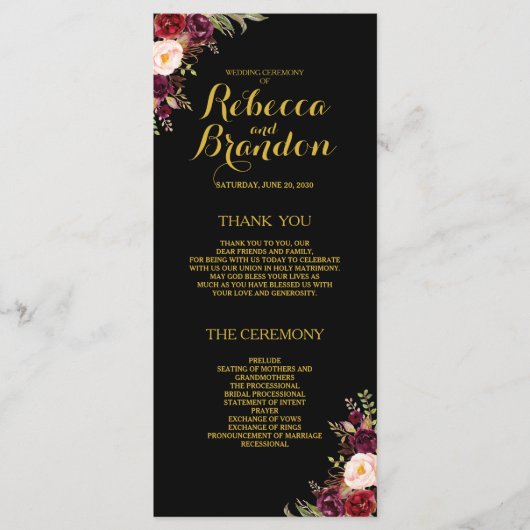 Bourgogne Bloemen Zwart Goud Aangepaste Bruiloft P Programmakaart (Voorkant)